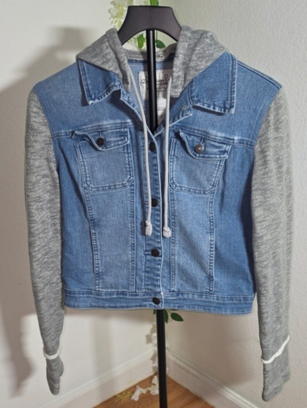 American Rag Blue Denim Jacket with Gray Hooded Sleeves